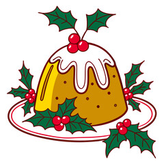 Professional Christmas Pudding Illustration - Festive Holiday Design - Gold, Icing.