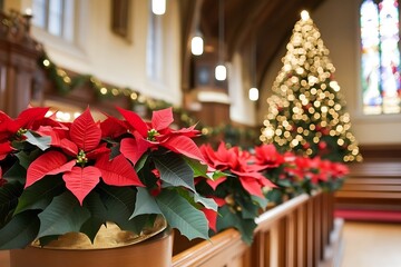 Fototapeta premium Close up of red poinsettia flowers and candles on pew in church with Christmas decorations in the background
