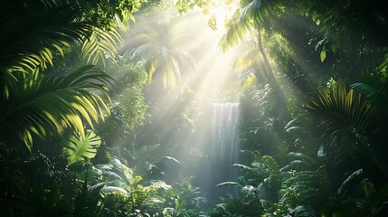 Sunbeams illuminate a lush jungle waterfall.