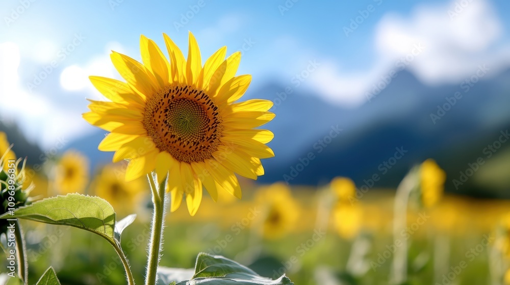 Poster a sunflower is centered in the frame with a scenic mountain view in the backdrop, surrounded by a co