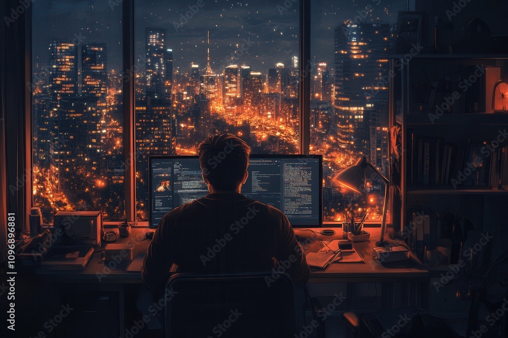 Poster a person sits at a desk in a dimly lit room, working on a computer while overlooking a vibrant city 