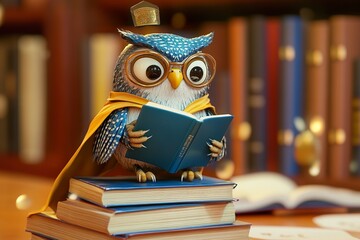 Adorable cartoon owl with graduation cap, sitting on books, turquoise background, knowledge theme