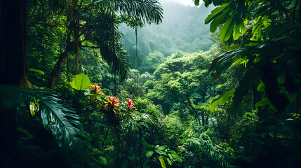 Lush tropical rainforest with vibrant foliage and misty mountains in the background.