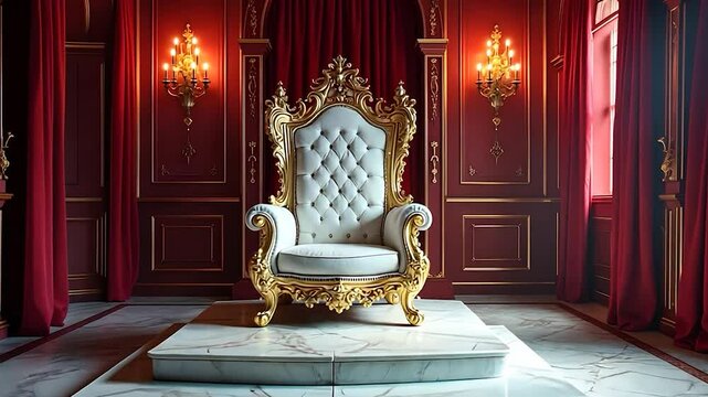 Ornate Gold and White Throne in Red Room with Wall Sconces