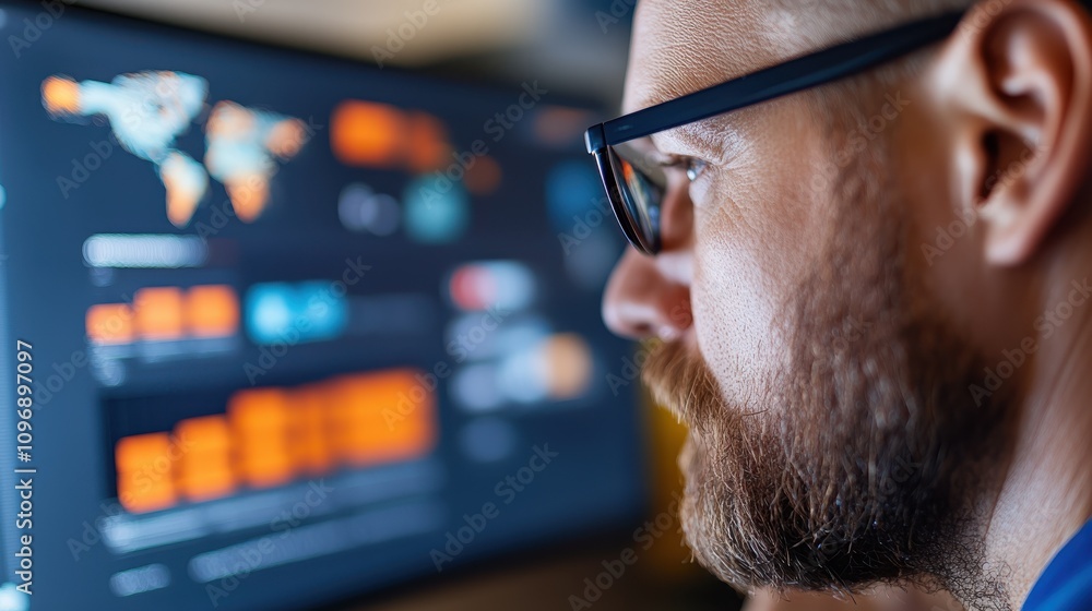 Poster in a business setting, a close-up shot captures a man in glasses closely looking at a computer scree