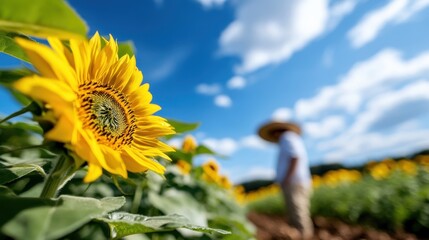 Fototapeta premium A sunflower takes the spotlight in the foreground, while a farmer stands blurred in the background, representing the harmony between man and nature in agriculture.