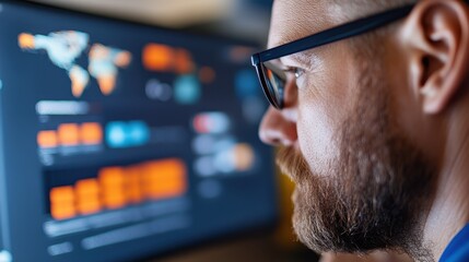 In a business setting, a close-up shot captures a man in glasses closely looking at a computer screen filled with analytical data, reflecting modernity.