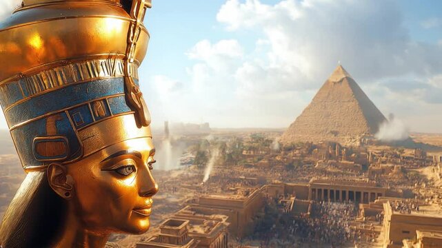 A golden statue of an Egyptian pharaoh, wearing a headdress, overlooks a bustling ancient city and majestic pyramids under a sunny sky.