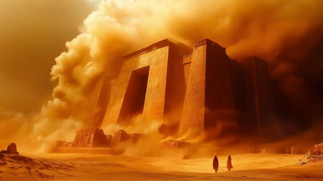 A colossal ancient temple, etched with hieroglyphs, is engulfed by a massive orange sandstorm in a desolate desert. Two cloaked figures walk towards it.