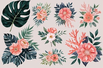Elegant Watercolor Botanical Illustration Collection - Dark Green Leaves, Coral Blooms, Floral Bouquets for Home Decor and Weddings