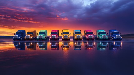 Row of multi-colored modern trucks on glossy pavement with sunset sky backdrop