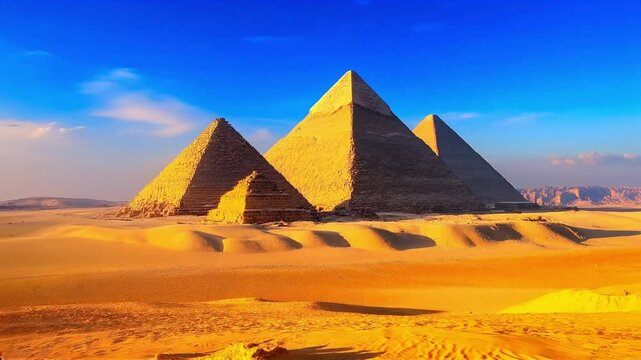 Three majestic pyramids bathed in the warm glow of a setting sun. Sand dunes stretch across the vast desert landscape, showcasing the timeless beauty of ancient Egypt.