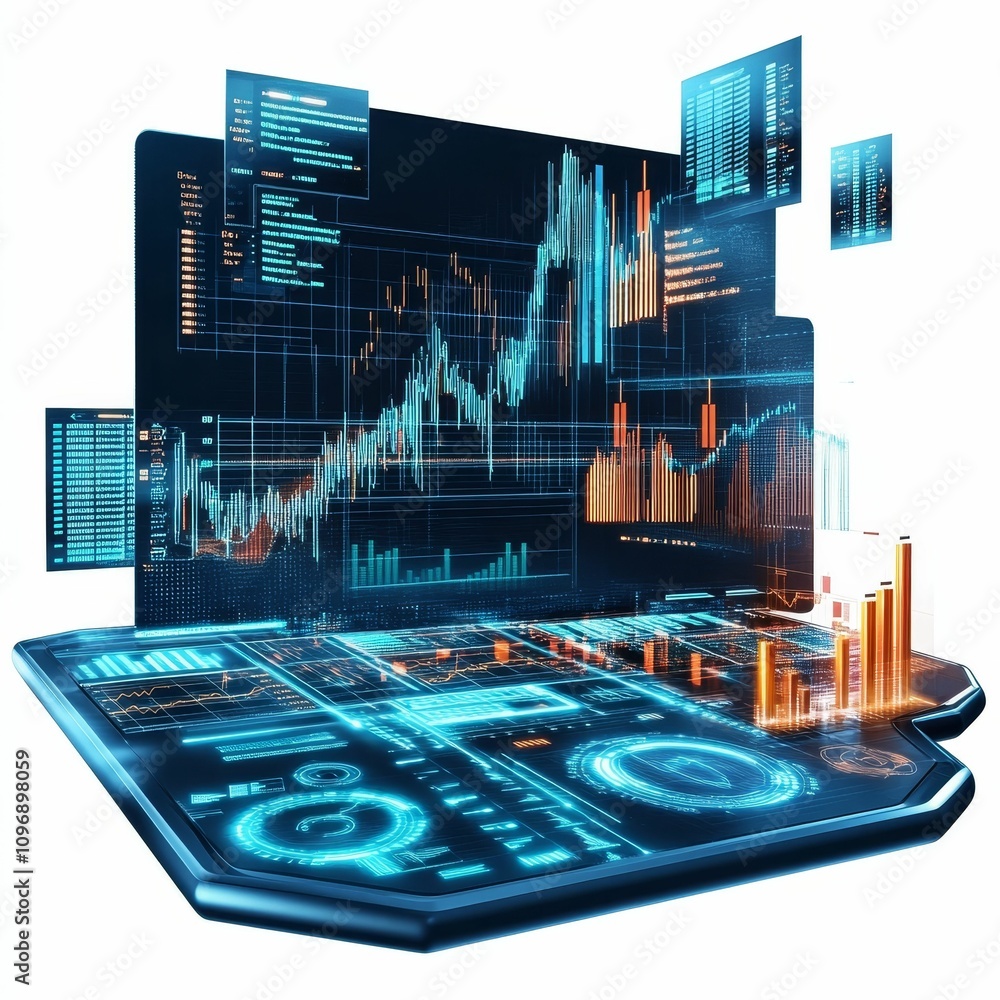 Poster futuristic interface displays financial data graphs.
