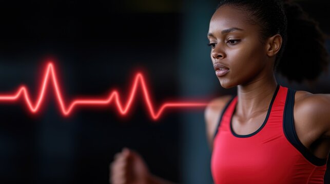 An athletic woman running with a heartbeat monitor graphic overlay.