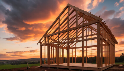 Obraz premium The sun is setting over the house that is under construction. The house is almost finished.