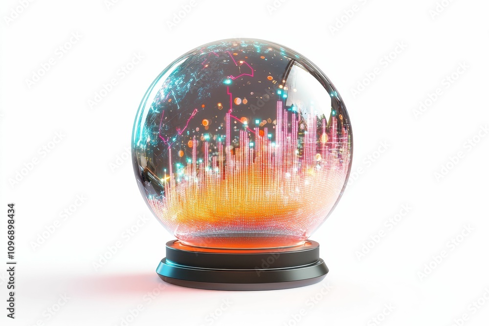 Poster luminous data sphere on dark base.