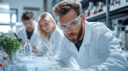 Scientists in a lab analyze plant matter with a meticulous approach, demonstrating systematic research methodology in a state-of-the-art scientific laboratory setting.