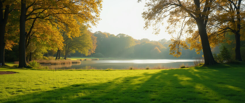 Paisagem ampla de grama verde com lago
