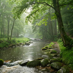 Obraz premium Tranquil Woodland Scene with Gentle Stream, Stones, and Soft Rain