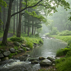 Fototapeta premium Tranquil Woodland Scene with Gentle Stream, Stones, and Soft Rain