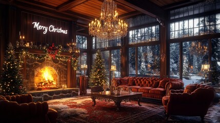 Obraz premium Cozy Christmas Living Room with Fireplace, Decorative Tree, and Warm Festive Atmosphere