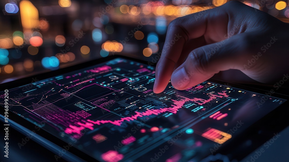 Aufkleber A person interacts with a digital tablet displaying colorful financial graphs and data, illuminated by city lights in the background.