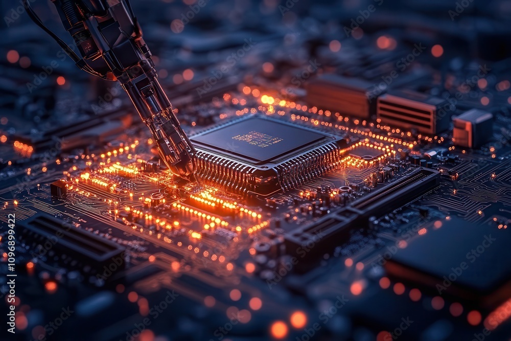 Poster a close-up of a circuit board featuring a prominent microchip illuminated by glowing orange lights, 