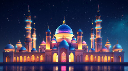 colorful mosque in night with light effect, Ramadan Kareem background with mosque with glowing neon lights, Mosque architecture building with neon lights glowing background.