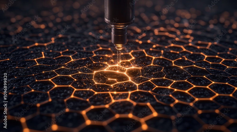 Poster A close-up view of a glowing hexagonal pattern, with a tool applying a spark of light, creating intricate designs on a dark surface.
