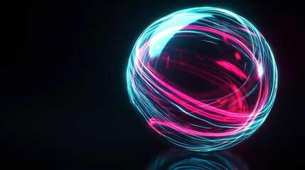 A glowing, translucent sphere with swirling neon blue and pink light trails, set against a black background.