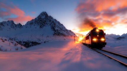 A train moves through beautiful snowy mountains during a breathtaking sunset, embodying the spirit of travel, serenity, and technological marvel against nature's vastness.
