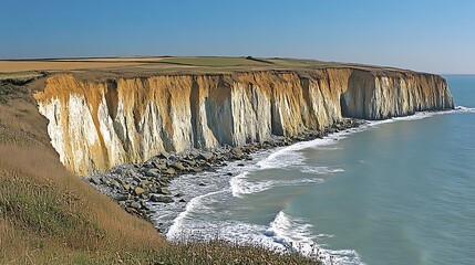 Dramatic coastal cliffs, sea waves crashing against white and yellow rock face.