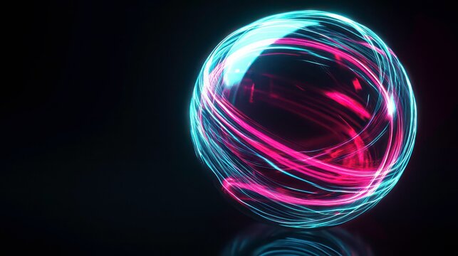 A glowing, translucent sphere with swirling neon blue and pink light trails, set against a black background.