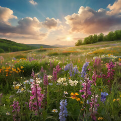 Fototapeta premium Enchanting Spring Meadow with Wildflowers and Soft Pastel Sky Above