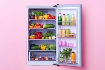 An open fridge with fresh vegetables, fruits, and drinks, set against a pastel pink wall background, offering a cheerful and vibrant visual with ample space for additional design elements or text.