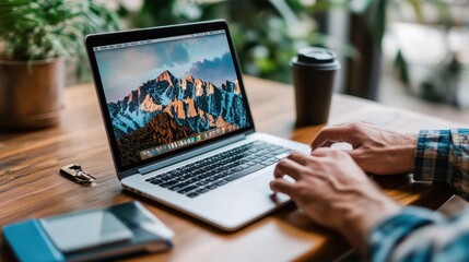A person is typing on a laptop with a mountain wallpaper on the screen, sitting on a wooden desk alongside a smartphone and a cup of coffee.