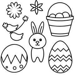 Easter  Vector Line Art, Easter Bunny Coloring , Page,  Easter Bunny with Easter Eggs, Easter Coloring Pages