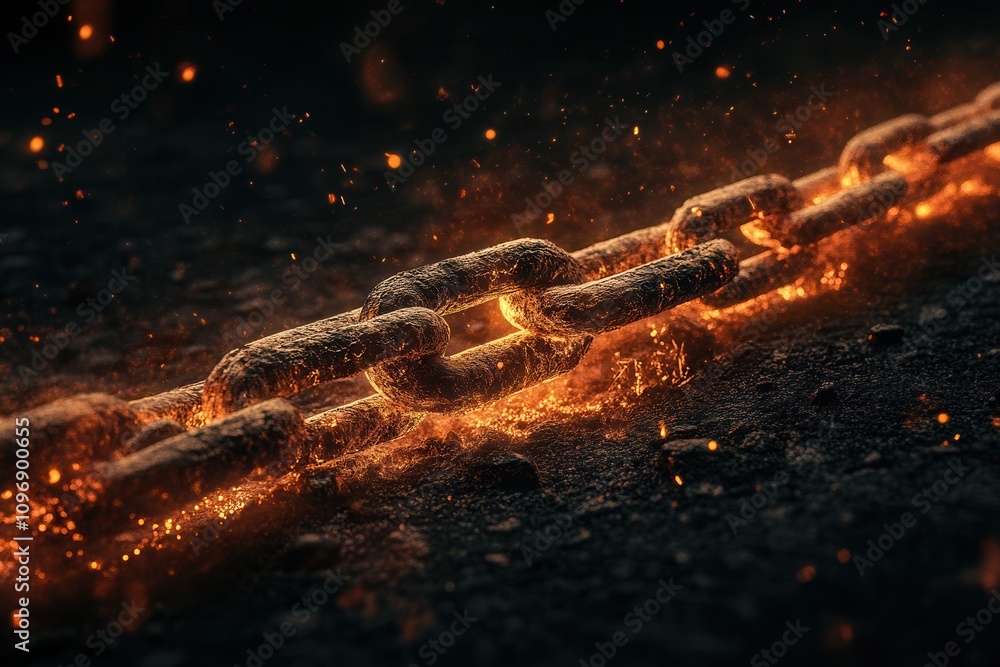 Poster A glowing chain lies on a dark surface, surrounded by sparks, creating a dramatic and intense visual effect.