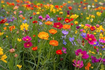 Naklejka premium Lush Wildflower Blooms in a Colorful Spring Meadow