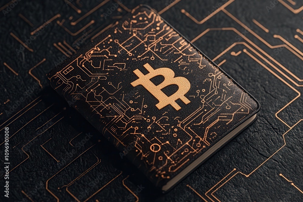 Poster a sleek, bitcoin-themed wallet featuring a metallic logo against a circuit-patterned background, sym