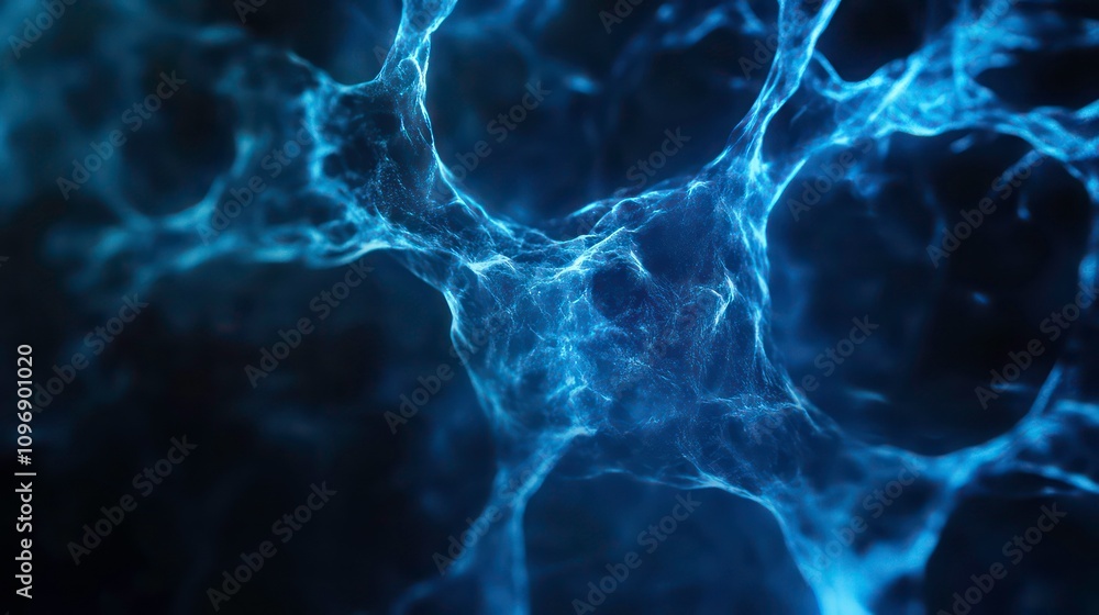 Poster an abstract blue cell image against a dark background illustrates cellular structures and biological