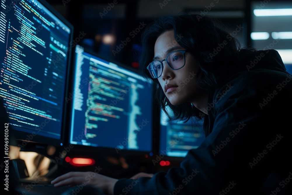 Poster Young tech developer coding on multiple monitors in a dimly lit room