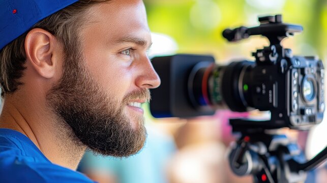 A joyful man in blue attire with a beard and a cap operates a camera from a side angle, capturing exciting moments against a backdrop of lively colors.