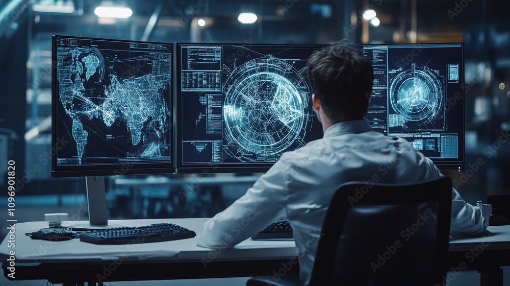 Poster engineer focused on cad design in high-tech workspace