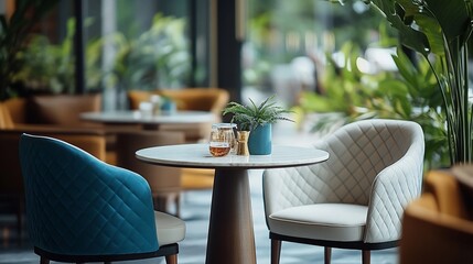 Modern cafe interior with stylish chairs and table.