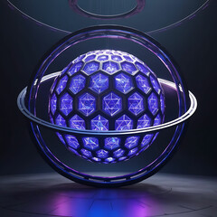 Glowing 3D Sphere with Metallic Polygons and Sci-Fi Rotating Rings