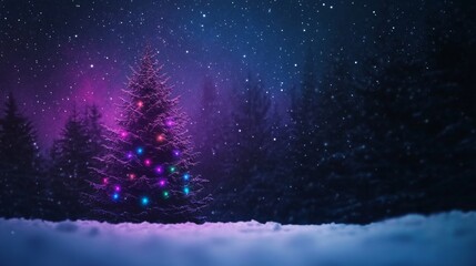 Naklejka premium Enchanting christmas tree decorated with colorful lights in winter night forest scene