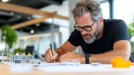 A focused architect with a beard and glasses draws sketches for a building project at his cluttered desk, capturing the essence of creativity and dedication.
