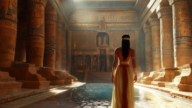 A woman in a flowing gold and white Egyptian dress stands before a grand temple, its columns inscribed with hieroglyphs, bathed in sunlight. A reflecting pool adds serenity.