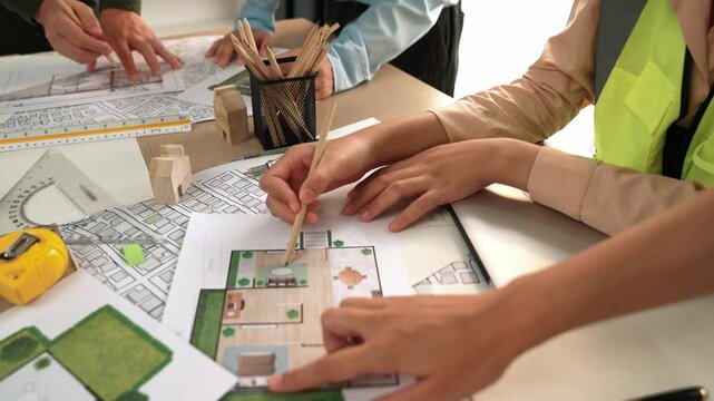 Smart architect and safety engineer discussion about building blueprint on table with architectural document, measurement tools and wooden block scatter around at modern office. Closeup. Delineation.